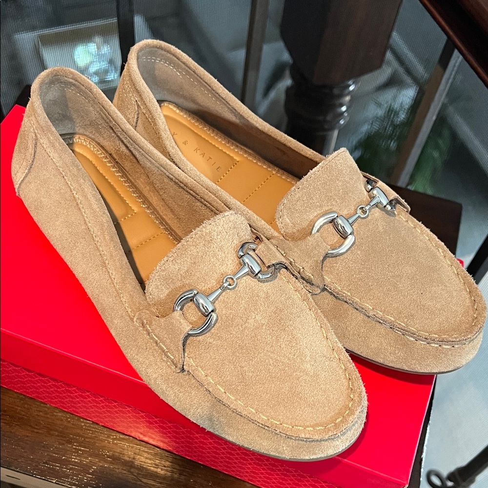 Kelly & Katie Beige Suede Loafers with Metallic Accent